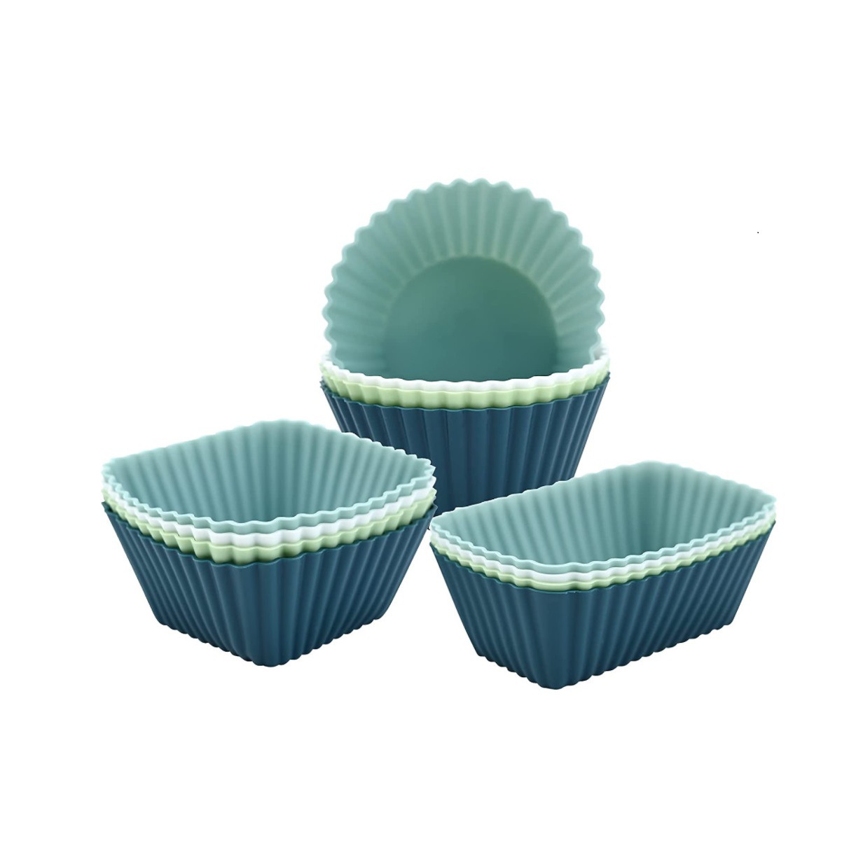 Silicone Muffin Mold Set - 12 Pieces - Reusable Cupcake Molds - Round, Square & Rectangular - Blue - Image 1