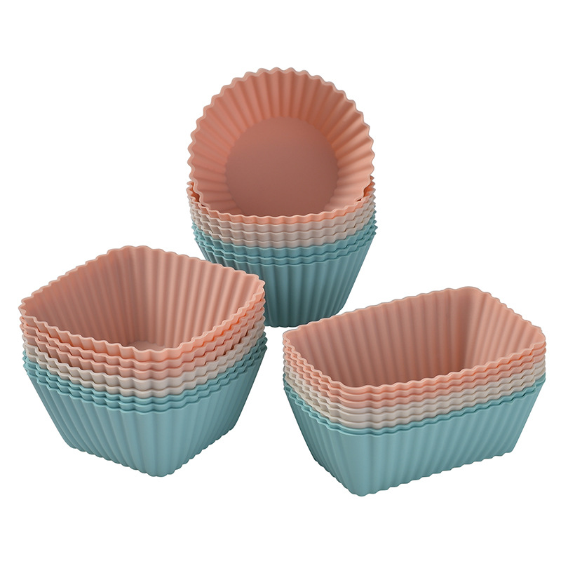 Silicone Muffin Mold Set - 24 Pieces - Reusable Cupcake Molds - Round, Square & Rectangular - Blue & Pink - Image 1