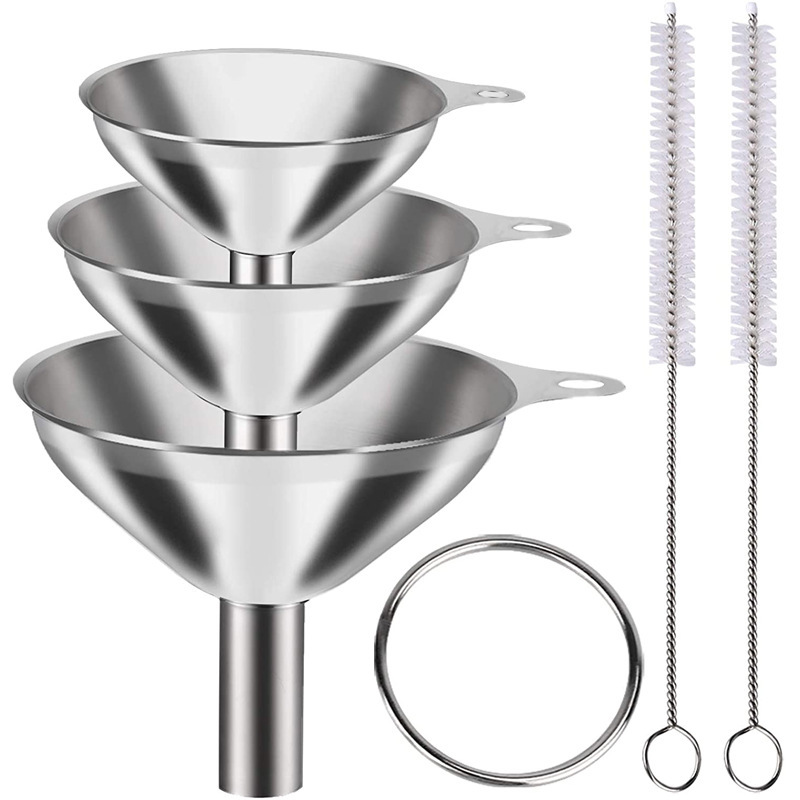 Stainless Steel Funnel Set of 3 - Includes 2 Cleaning Brushes - Kitchen Funnels with Handle - For Liquids, Oil & Spices - Image 1