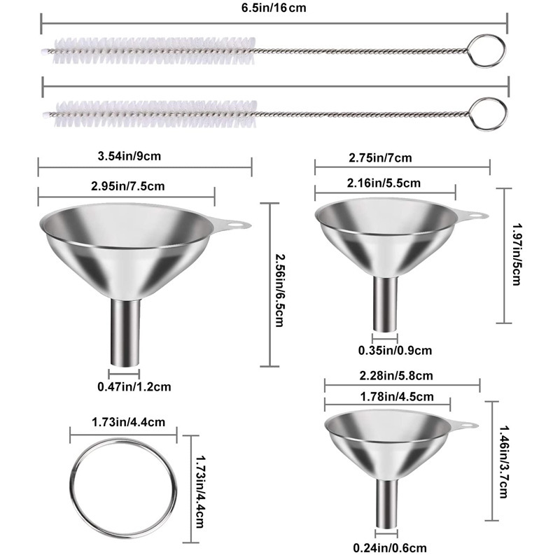 Stainless Steel Funnel Set of 3 - Includes 2 Cleaning Brushes - Kitchen Funnels with Handle - For Liquids, Oil & Spices - Image 3
