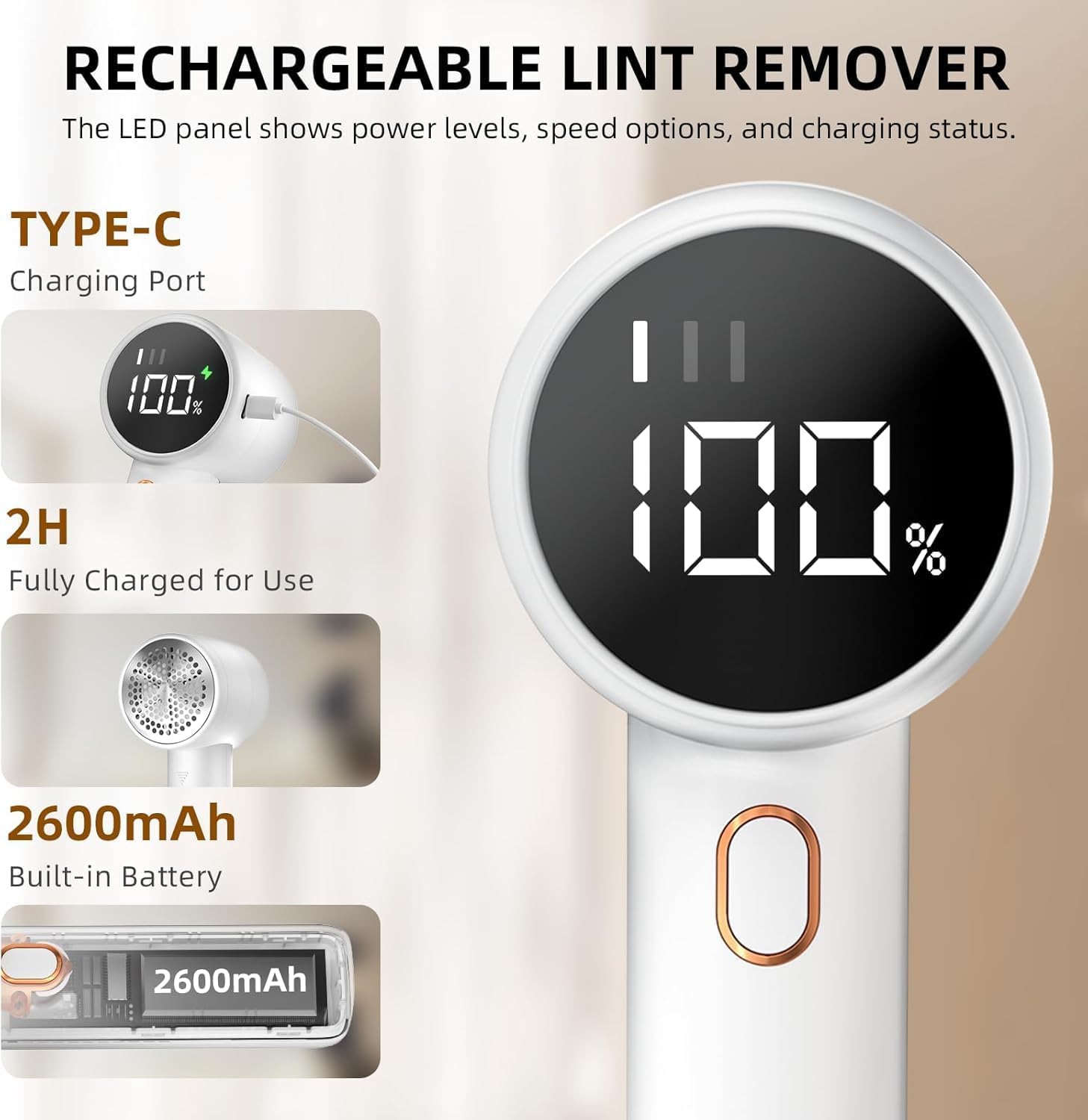 Electric Lint Remover - Rechargeable Lint Shaver - With LED Display - 3 Speeds - Sweater Depiller - White - Image 3