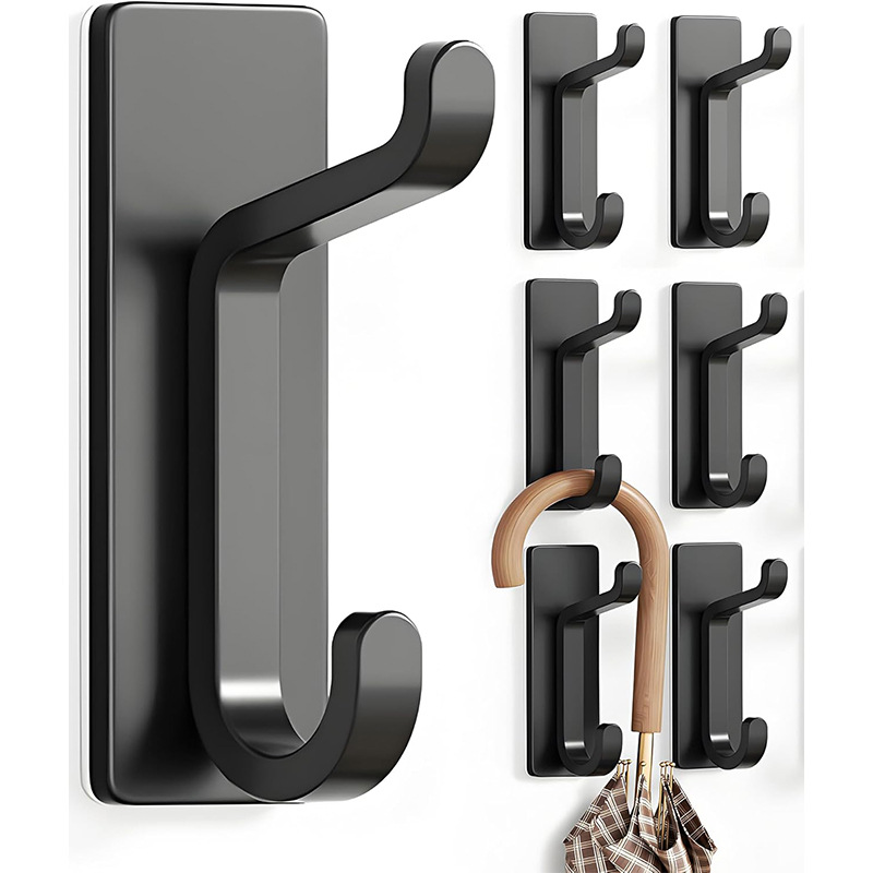 Black Towel Hooks - Set of 6 - Self-Adhesive Wall Hooks - No Drilling Required - For Bathroom & Kitchen - Image 1