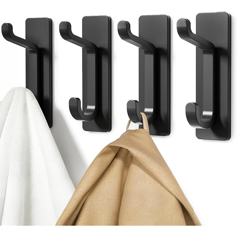 Black Towel Hooks - Set of 4 - Self-Adhesive Wall Hooks - No Drilling Required - For Bathroom & Kitchen - Image 1