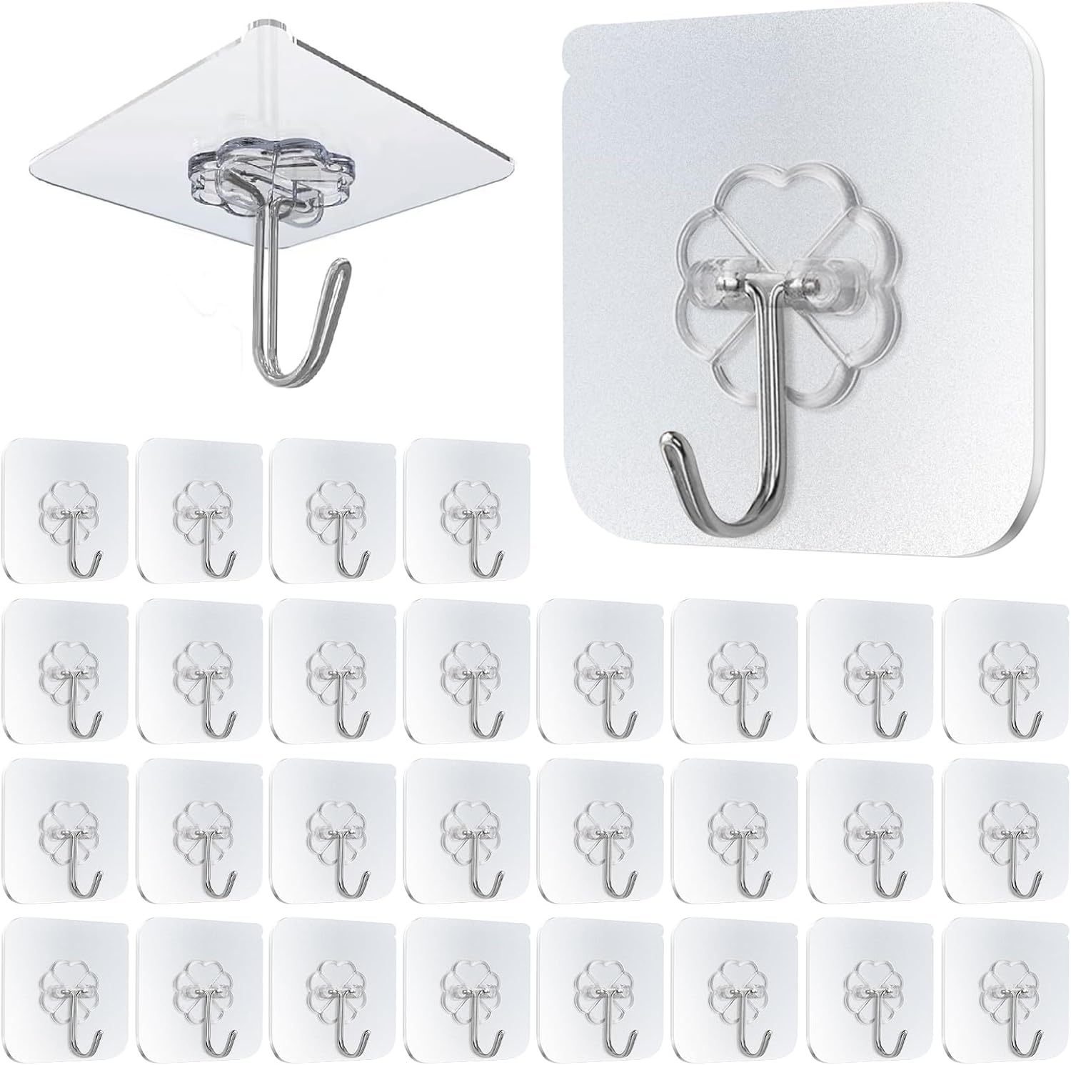 Self-Adhesive Hooks Transparent - Set of 30 - Wall Hooks No Drilling - For Bathroom & Kitchen - Image 1
