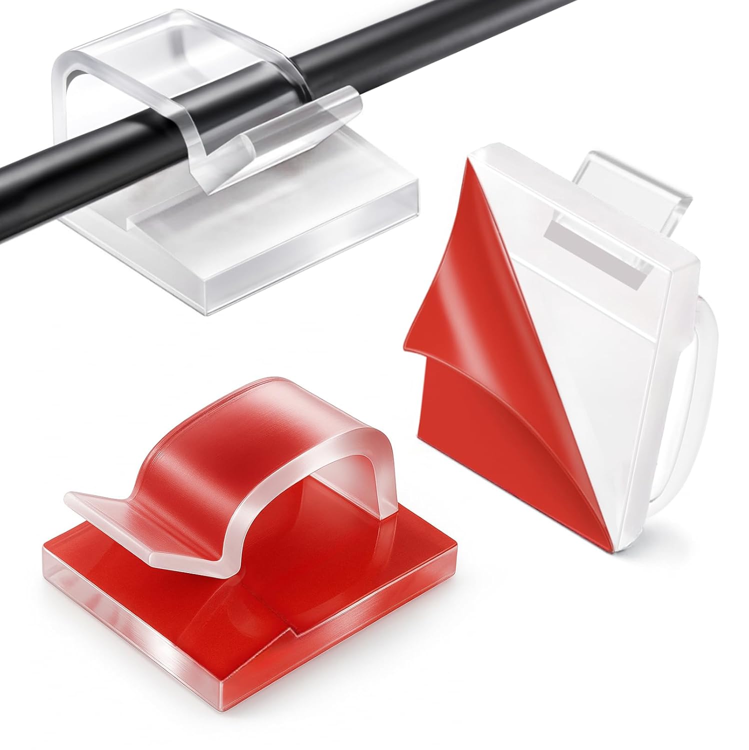 Cable Clips Transparent Red - Set of 60 - Self-Adhesive Cable Holders - For Christmas Lights & Cable Management - Indoor & Outdoor - Image 1