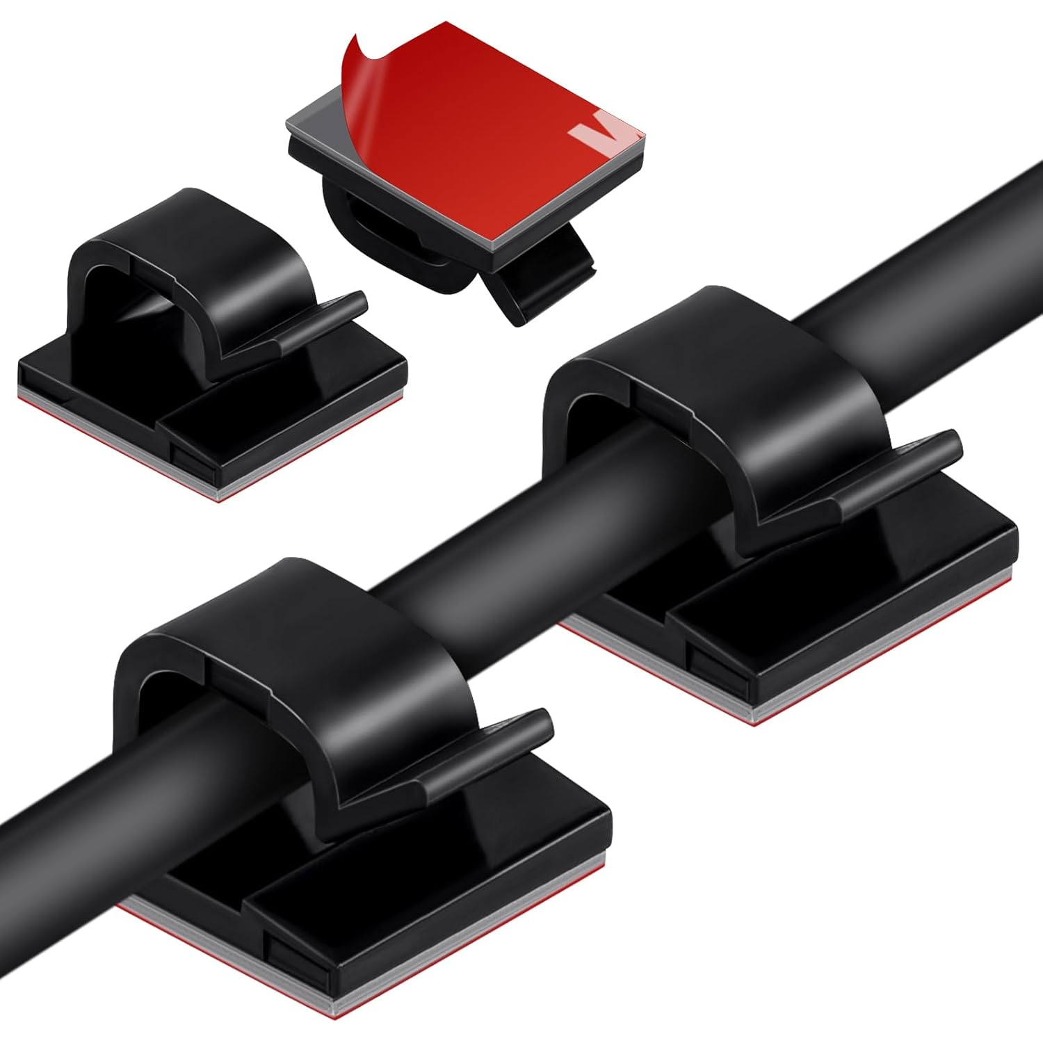 Black Cable Clips - Set of 60 - Self-Adhesive Cable Holders - Cable Management for Desk & TV - No Drilling Required - Image 1