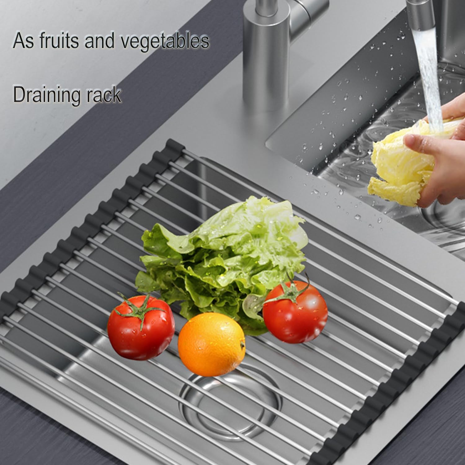 Roll-up Dish Draining Rack Black - 43 x 35 cm - Sink Roll Mat - Draining Grid for Dishes & Vegetables - Image 2