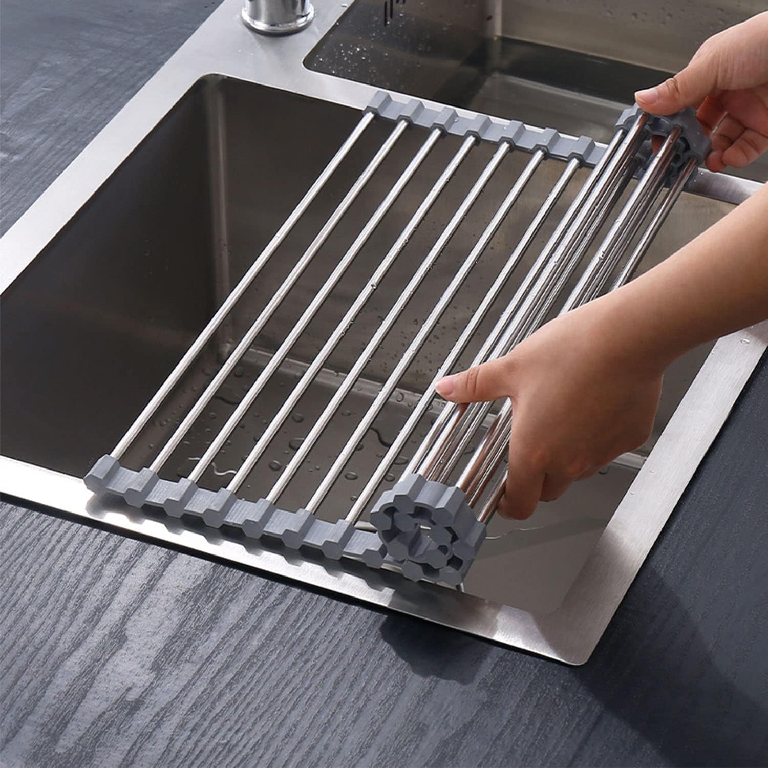 Roll-up Dish Draining Rack Grey - 43 x 35 cm - Sink Roll Mat - Draining Grid for Dishes & Vegetables - Image 1