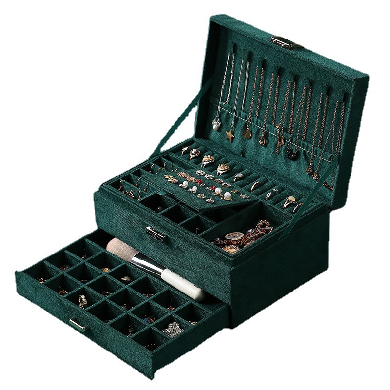 Velvet Jewelry Box with Lock - 3 Layers - Large Jewelry Organizer for Women - With Drawers & Compartments - Green - Image 1