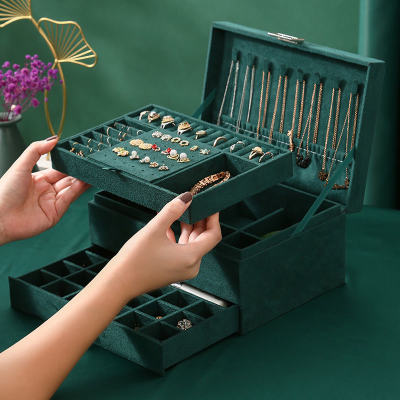 Velvet Jewelry Box with Lock - 3 Layers - Large Jewelry Organizer for Women - With Drawers & Compartments - Green - Image 4