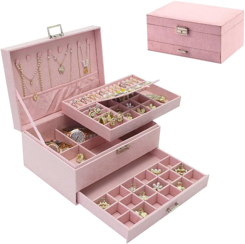 Velvet Jewelry Box with Lock - 3 Layers - Large Jewelry Organizer for Women - With Drawers & Compartments - Pink - Image 1