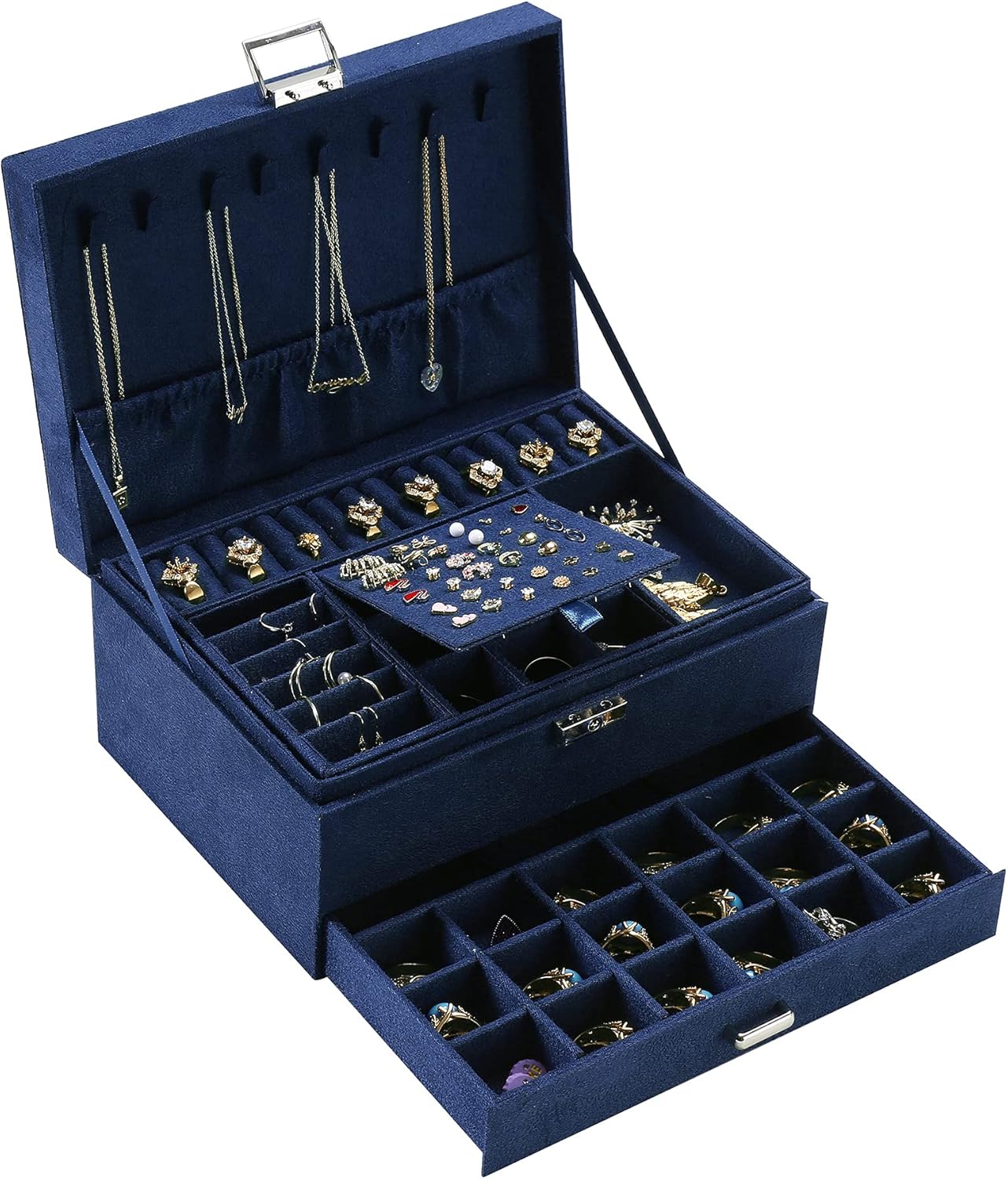 Velvet Jewelry Box with Lock - 3 Layers - Large Jewelry Organizer for Women - With Drawers & Compartments - Blue - Image 1