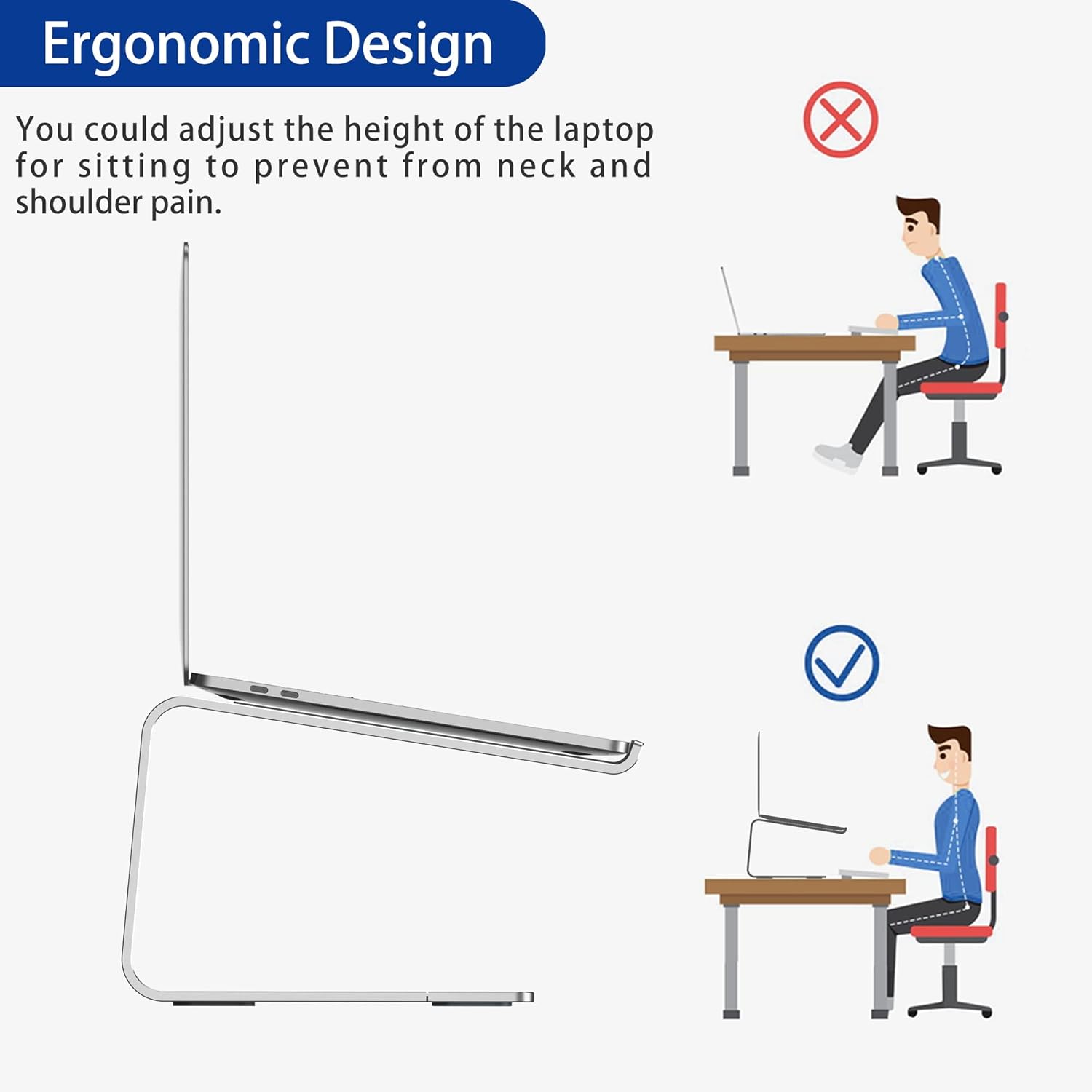 Ergonomic Aluminum Laptop Stand - Removable & Height Adjustable - Suitable for 10-14 inch Notebooks - Metal Silver - Image 5