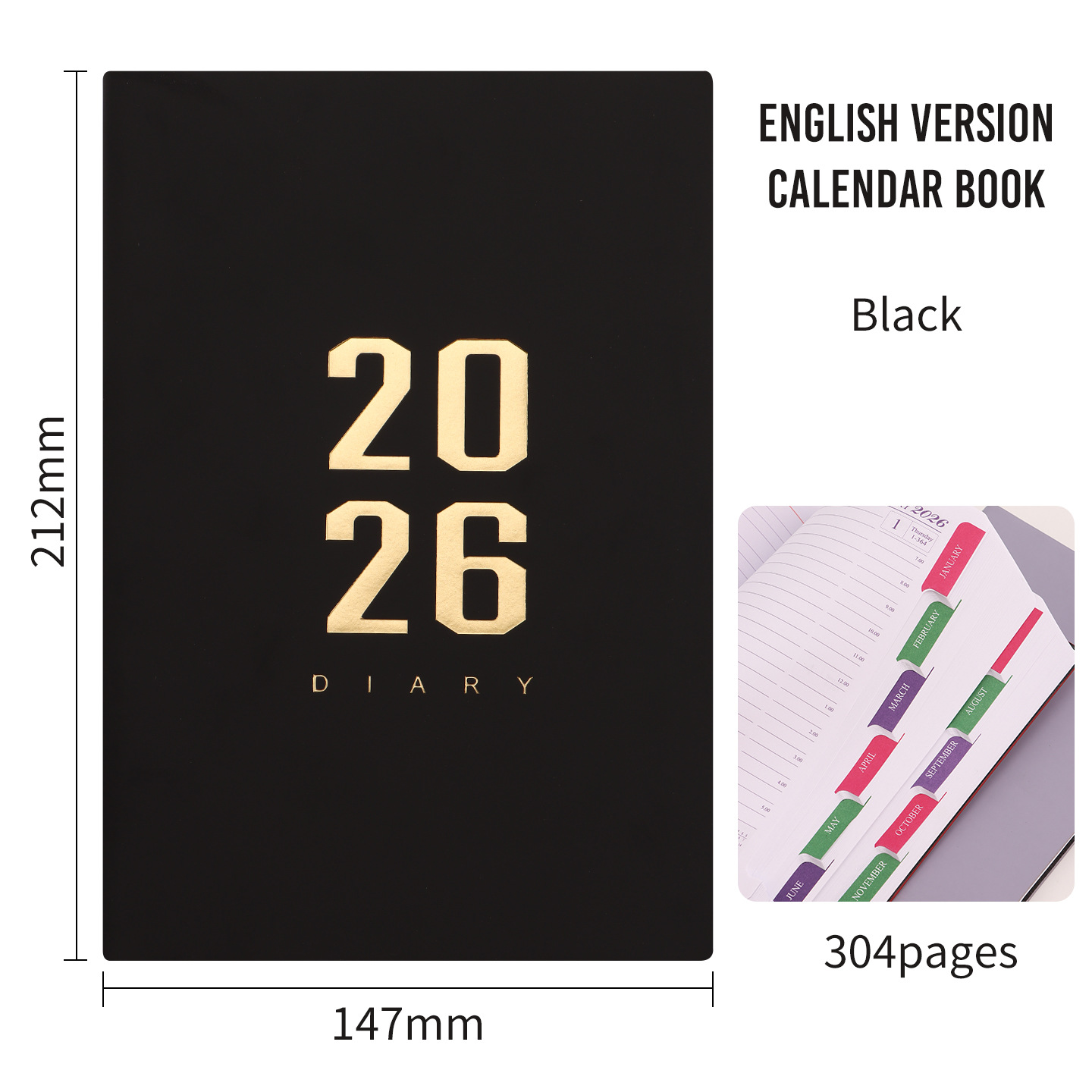 Agenda 2026 - Daily Agenda - A5 Format - 1 Day per Page - 304 Pages - [Black] - Hardcover - Image 1