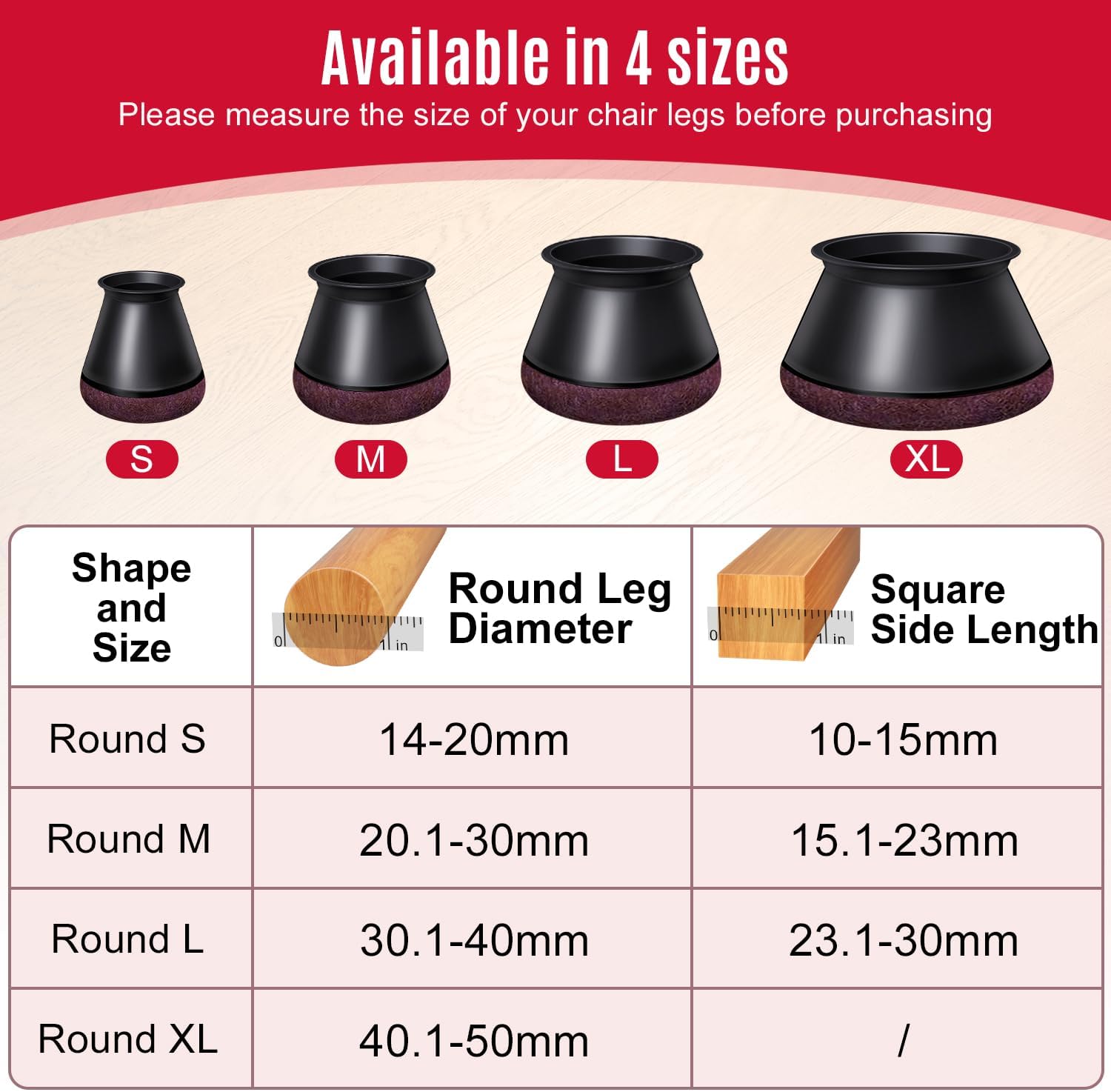 Black Chair Leg Caps - Set of 24 - Size M - Silicone Floor Protectors - Against Scratches and Noise - Image 2