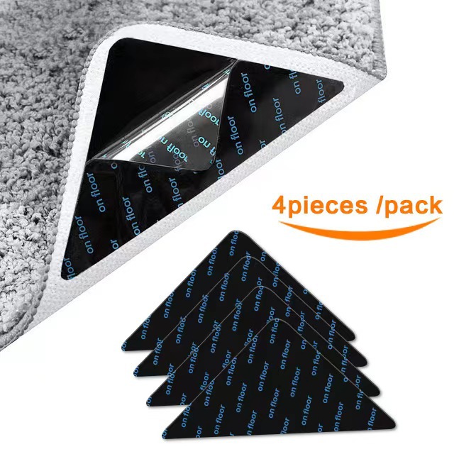 Rug Stoppers - Set of 4 - Anti-Slip for Carpet - Washable & Reusable - Triangular Black - Image 1