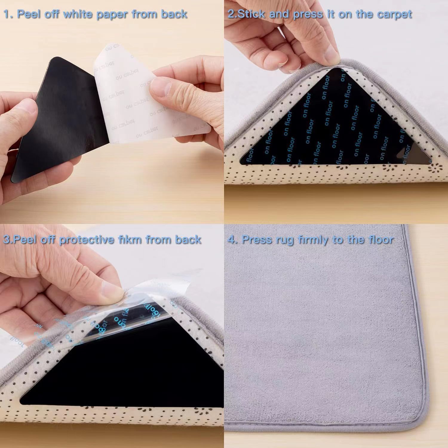 Rug Stoppers - Set of 8 - Anti-Slip for Carpet - Washable & Reusable - Triangular Black - Image 2