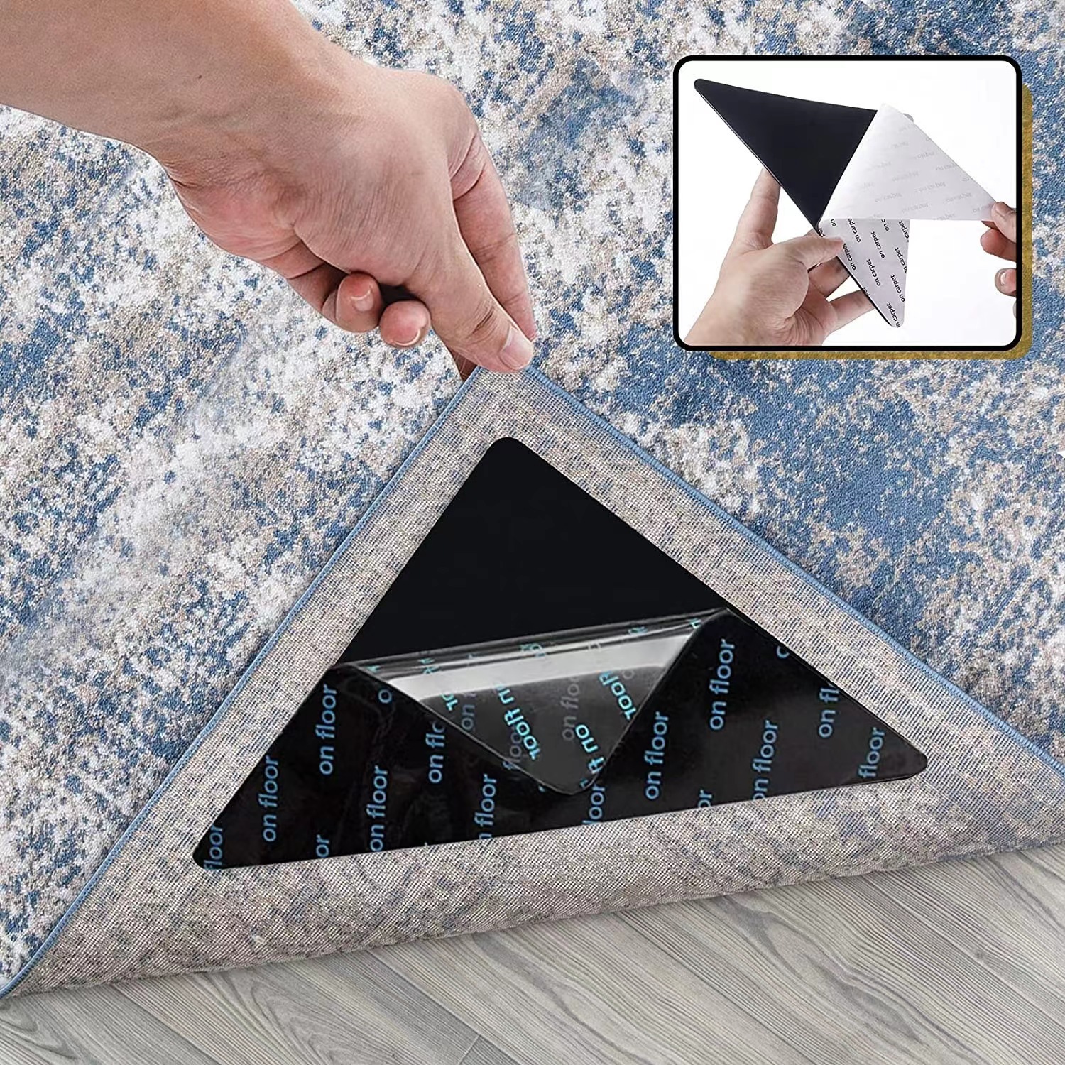 Rug Stoppers - Set of 8 - Anti-Slip for Carpet - Washable & Reusable - Triangular Black - Image 4