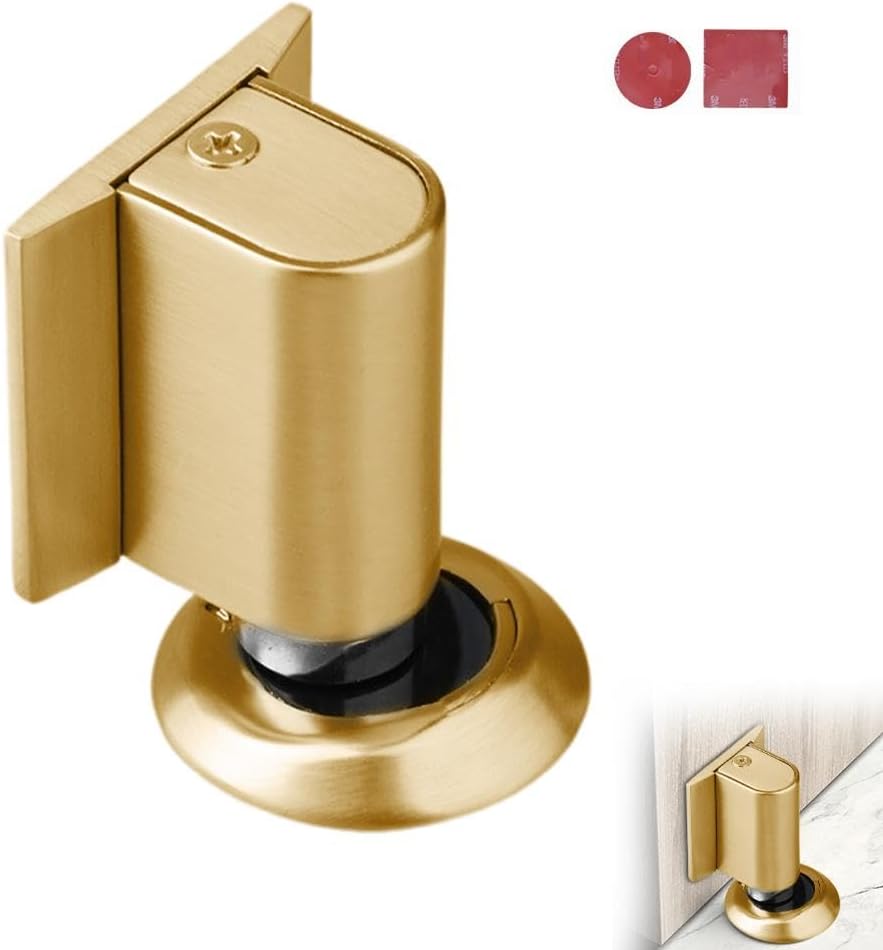 Magnetic Door Stopper Floor Gold - No Drilling - Self-Adhesive - Metal - Including Raising Disc - Image 1
