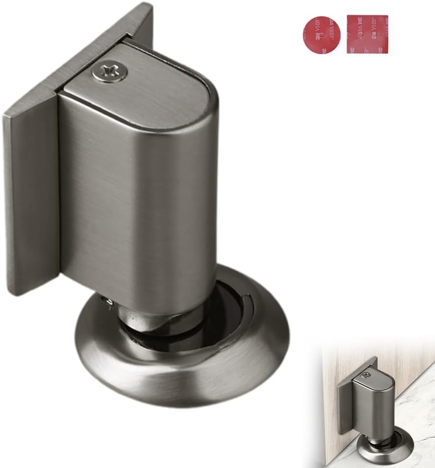 Magnetic Door Stopper Floor Gray - No Drilling - Self-adhesive - Metal - Including Raising Disc - Image 1
