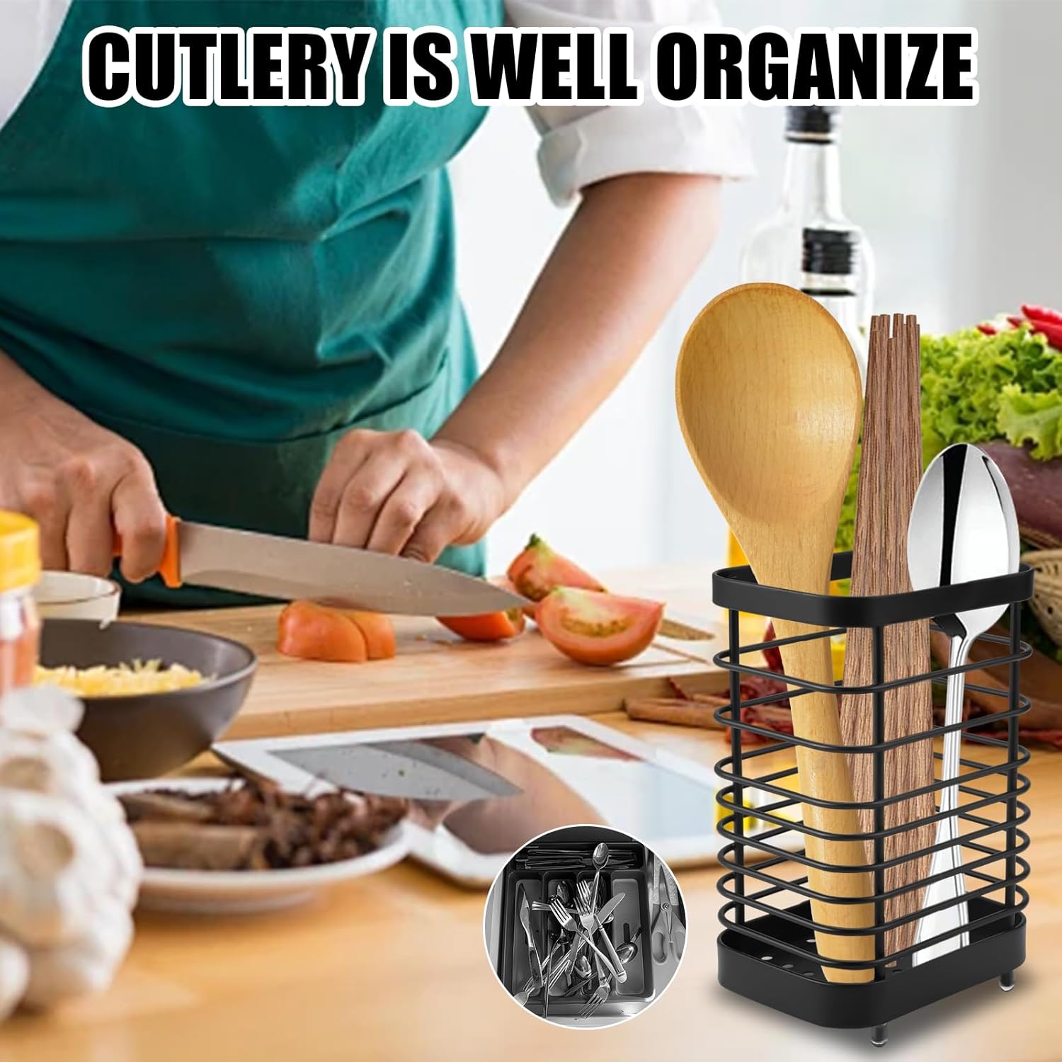 Kitchen utensil storage, cutlery basket stainless steel kitchen utensil holder stainless steel for worktop kitchen utensil holder cutlery holder worktop cutlery basket for kitchen utensils - Image 4