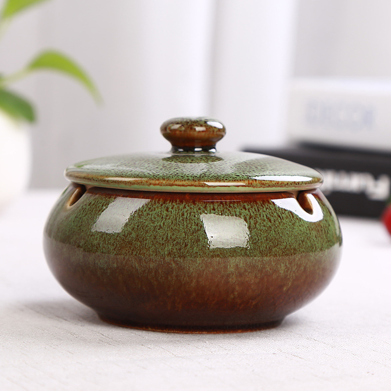 Ceramic Ashtray with Lid - Retro Green/Brown - Wind Ashtray for Outdoor & Indoor Use - Glazed Earthenware - Image 1