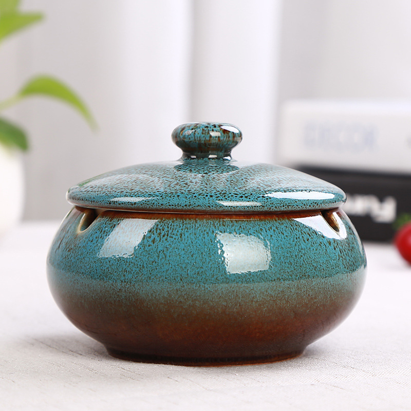 Ceramic Ashtray with Lid - Blue - Wind Ashtray for Outdoor & Indoor Use - Glazed Earthenware - Image 1