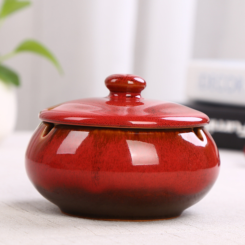 Ceramic Ashtray with Lid - Red - Wind Ashtray for Outdoor & Indoor Use - Glazed Earthenware - Image 1
