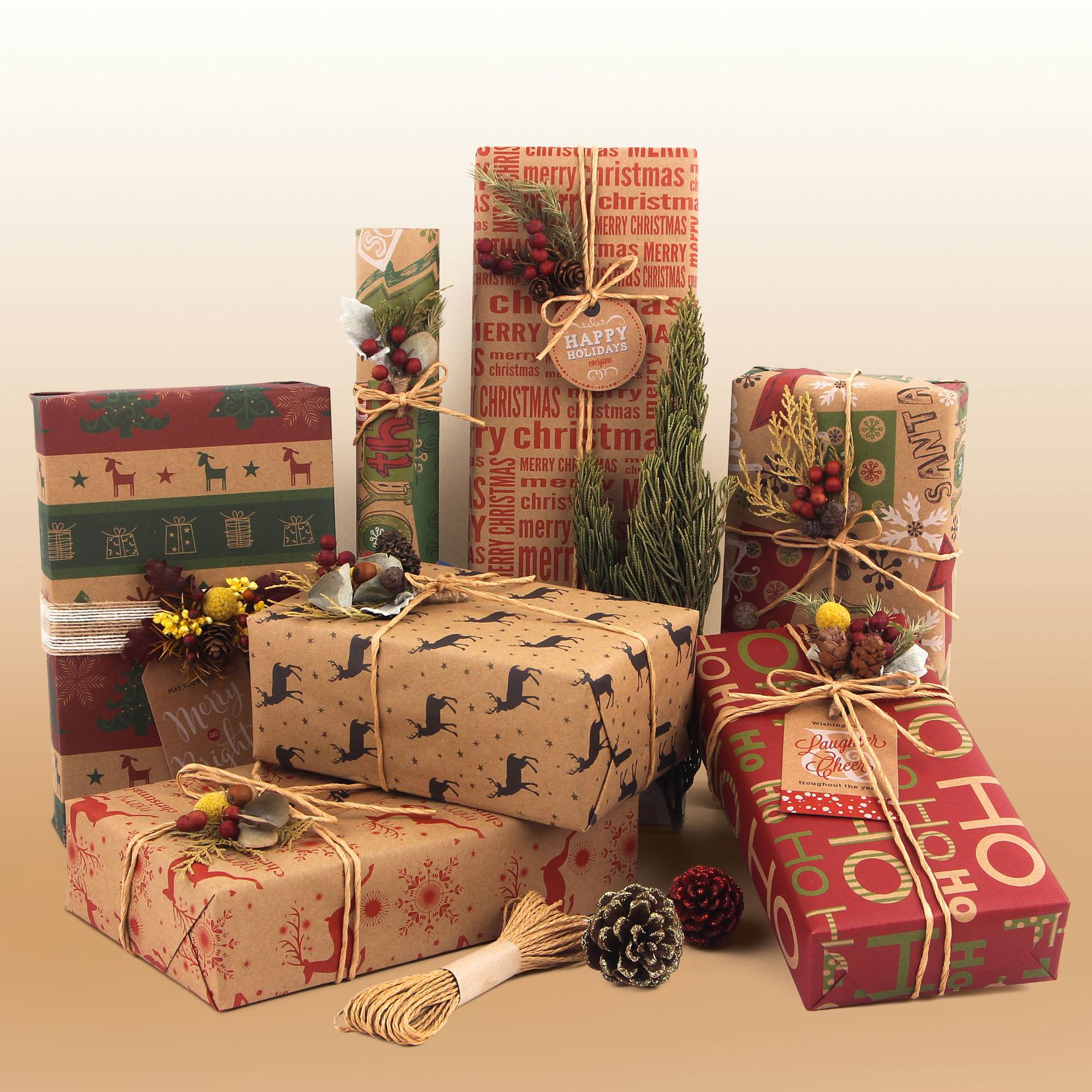 Christmas Wrapping Paper - 6 Sheets - Retro & Vintage Design - Complete Set with 2x Rope, Tape & Stickers - Gift Wrap - Image 1