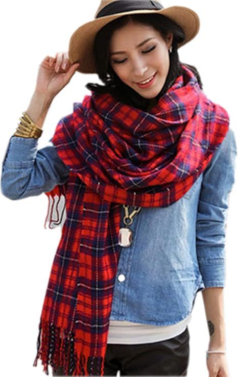 Plaid Blanket Scarf for Women, Winter Warm Tartan Wrap 200x65 cm with Fringe Tassel, Cashmere-Like Soft Plaid Design - Image 1