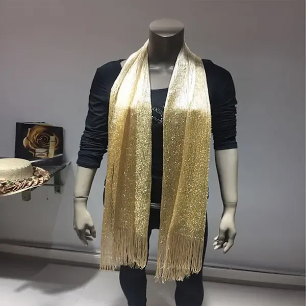 Gold Lightweight Artificial Polyester Shawl Wrap Scarf with Tassel Trim for Spring Autumn, Modern Elegant Party Cover-Up - Image 1