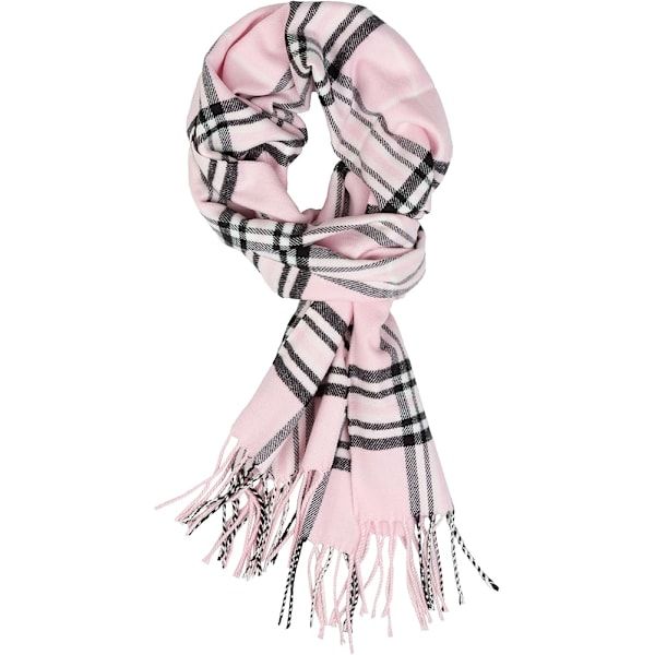 Light Pink Plaid Plum Feathers Super Soft Cashmere Feel Unisex Winter Scarf 180x30 cm, Breathable Checkered Print with Fringe for All Seasons - Image 1