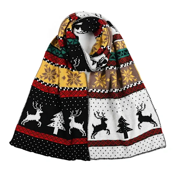 Black Winter Christmas Moose Pattern Knitted Long Thick Scarf with Snow Geometric Design, Reversible Warm Fair Isle Shawl for Men and Women - Image 1
