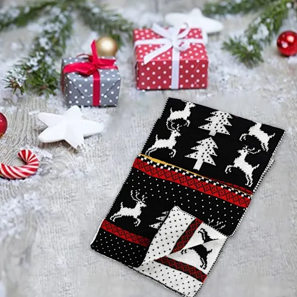 Black Winter Christmas Moose Pattern Knitted Long Thick Scarf with Snow Geometric Design, Reversible Warm Fair Isle Shawl for Men and Women - Image 4
