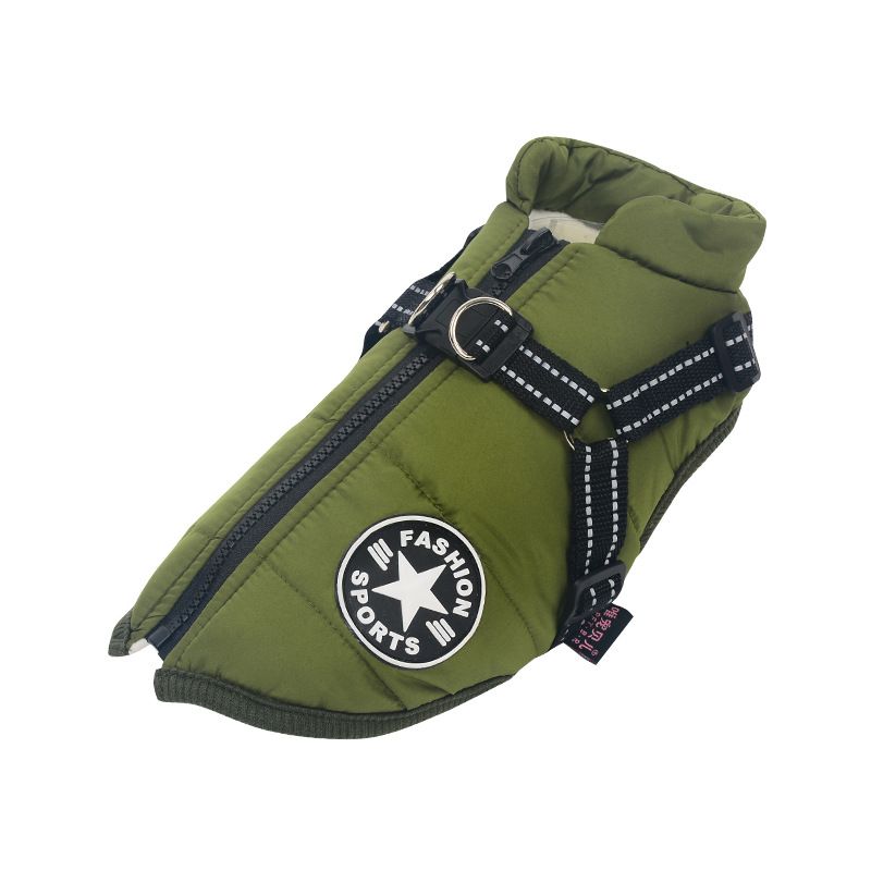 Army Green Winter Waterproof Dog Jacket with Built-in Harness, Warm Padded Cotton Vest for Small and Medium Breeds, Size S with Reflective Safety Strips - Image 1