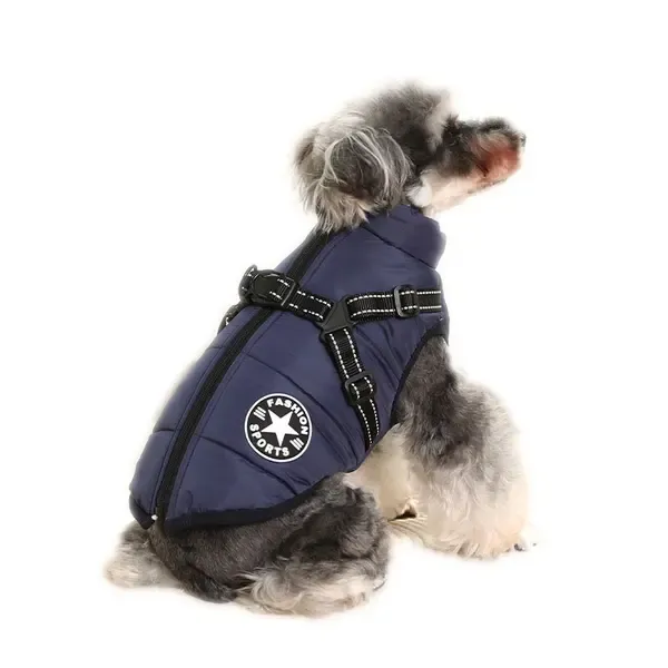 Blue Winter Waterproof Dog Jacket with Built-in Harness, Zipper Fastening and Soft Coral Fleece Lining, Size M for Medium Dogs with Reflective Safety Design - Image 1