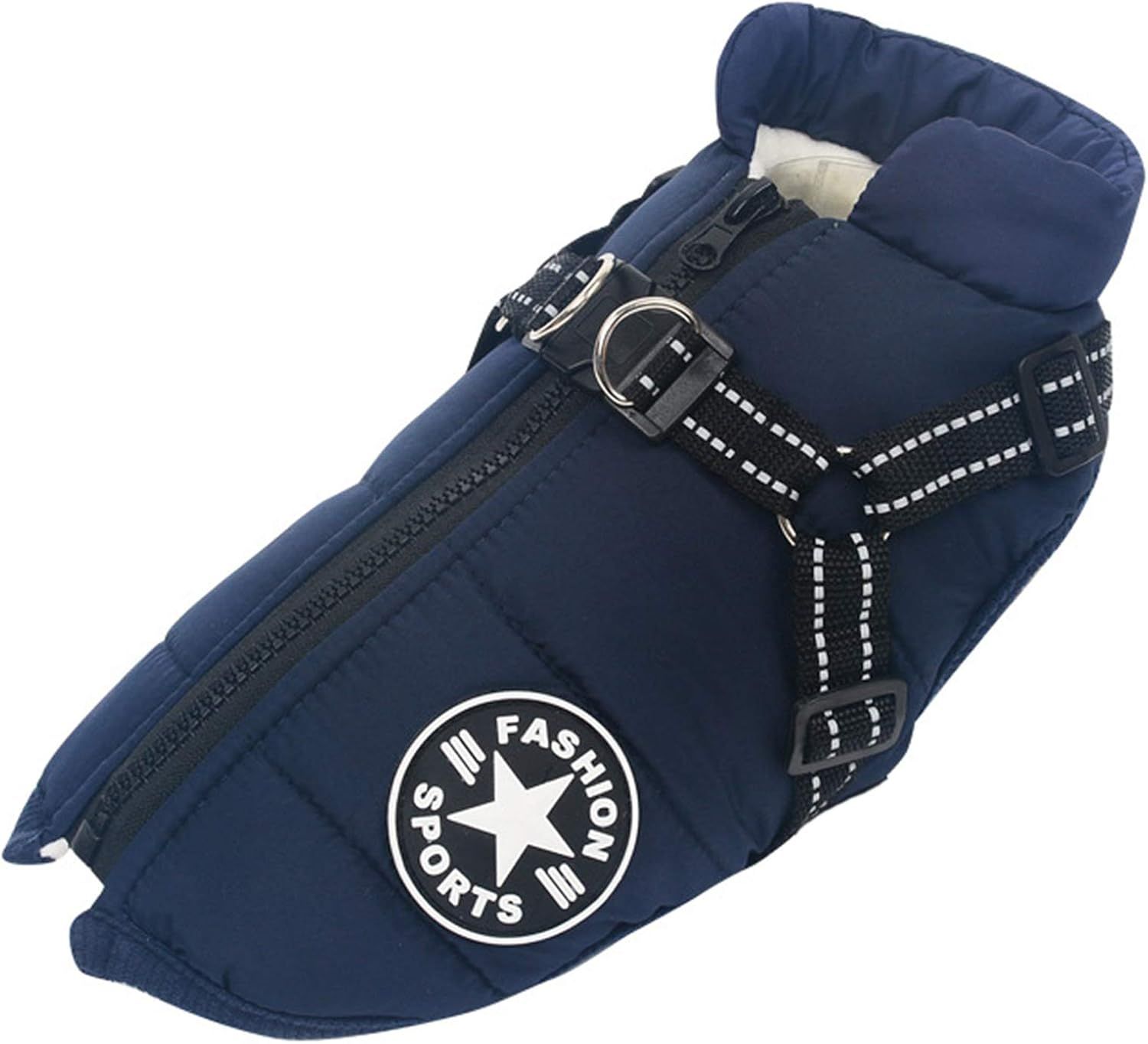Navy Blue Winter Waterproof Dog Jacket with Integrated Harness, Windproof Warm Coat with Reflective Trim, Size XL for Large Dogs with Adjustable Collar - Image 1