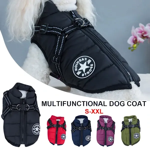 Green Waterproof Winter Dog Jacket with Built-in Harness, Windproof Warm Coat with Reflective Strips and Elastic Belly Band, Size XL for Large Dogs - Image 1