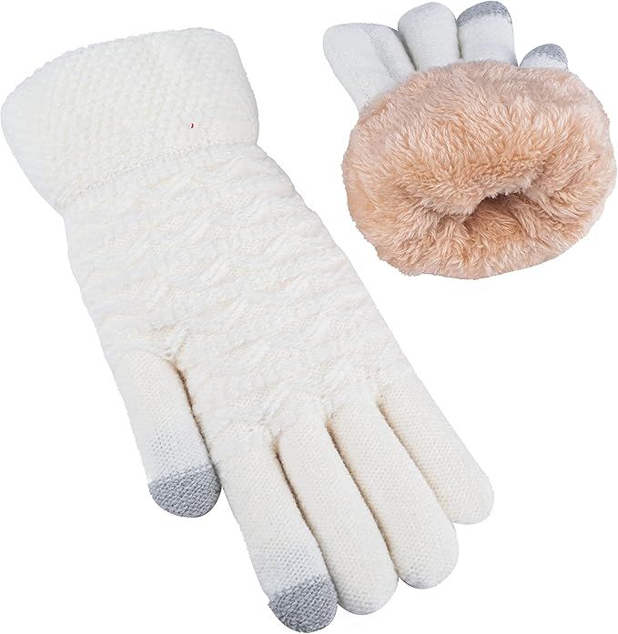 White Thermal Knitted Wool Touchscreen Mittens for Women with Fleece Lining, Thumb and Index Finger Compatibility for Smartphone and Tablet Use in Winter - Image 1