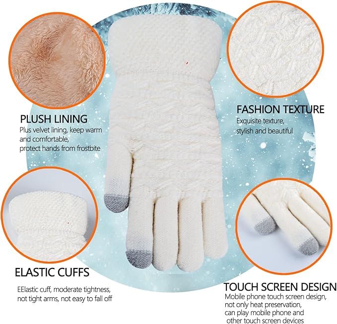 White Thermal Knitted Wool Touchscreen Mittens for Women with Fleece Lining, Thumb and Index Finger Compatibility for Smartphone and Tablet Use in Winter - Image 2