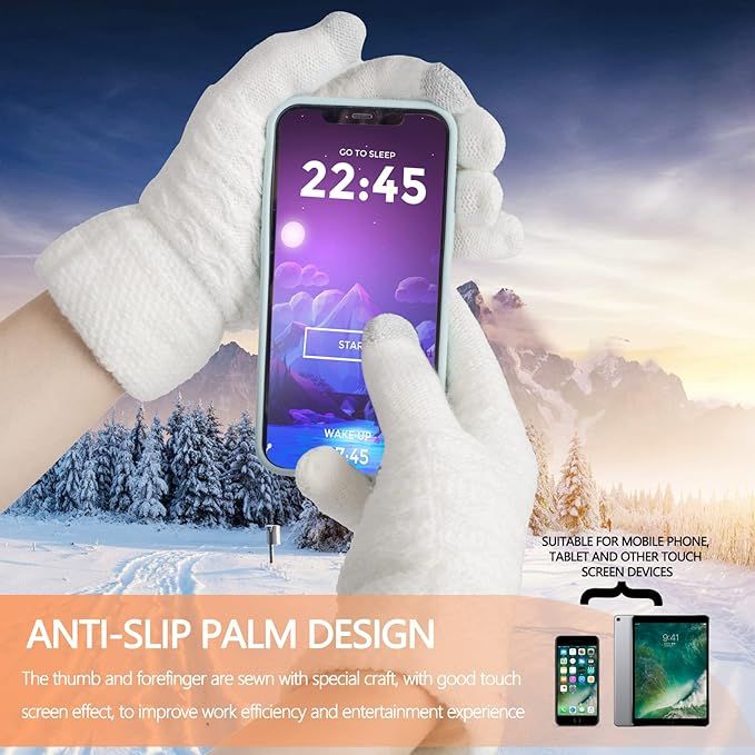 White Thermal Knitted Wool Touchscreen Mittens for Women with Fleece Lining, Thumb and Index Finger Compatibility for Smartphone and Tablet Use in Winter - Image 3