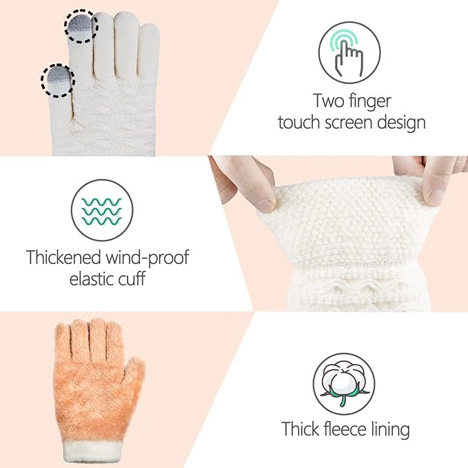 White Thermal Knitted Wool Touchscreen Mittens for Women with Fleece Lining, Thumb and Index Finger Compatibility for Smartphone and Tablet Use in Winter - Image 4