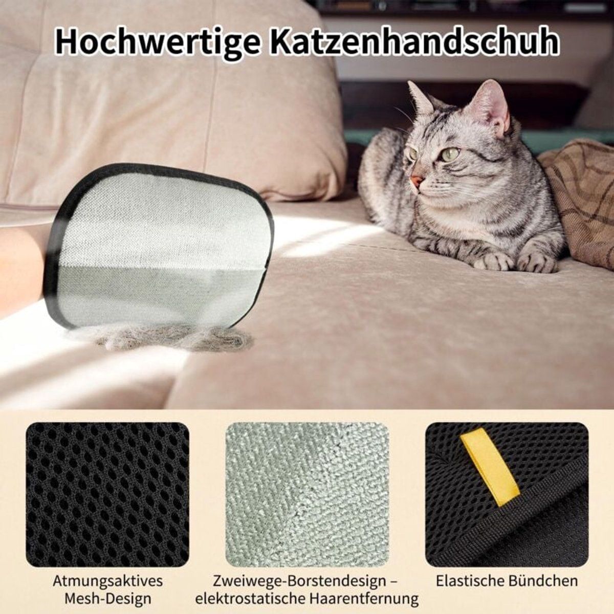 2-Piece Electrostatic Pet Hair Removal Gloves for Cats and Dogs, Reusable Washable Grooming Mitt for Furniture Clothing and Car Seats - Image 2