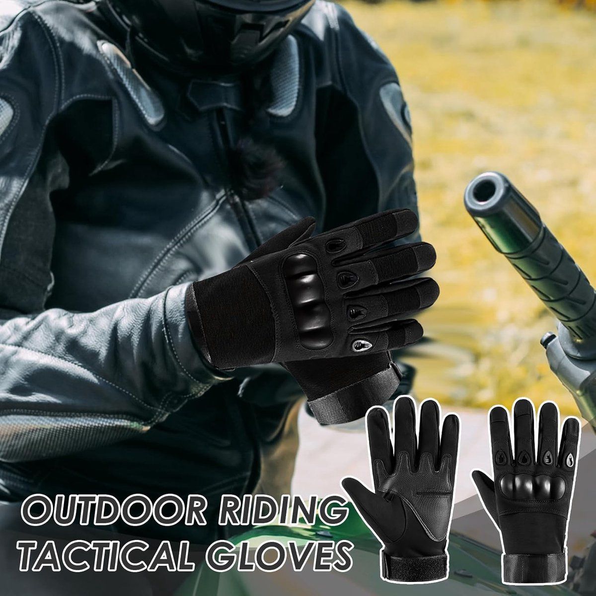 Black Men's Motorcycle Tactical Gloves with Knuckle Protection, Breathable Mesh Vents, Non-Slip Silicone Palm, Touchscreen Fingertips for Riding and Training - Image 2