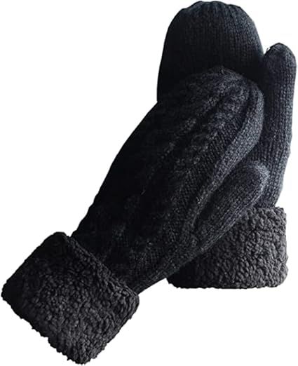 Black Thick Fleece Lined Insulated Mittens for Women, Crochet Knit Design with Inner Fleece Lining, Button Fastening Stretchy Fit for Cold Weather - Image 1