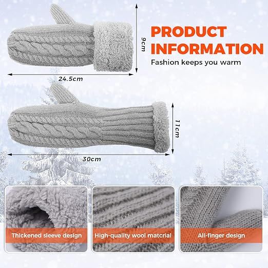 Black Thick Fleece Lined Insulated Mittens for Women, Crochet Knit Design with Inner Fleece Lining, Button Fastening Stretchy Fit for Cold Weather - Image 2