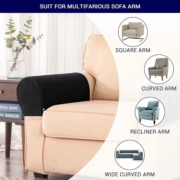 Black Stretch Spandex Armrest Covers Set of 2 for Sofa Armchair Recliner, Soft Flexible Furniture Protectors Against Stains and Scratches with Machine Washable Care - Image 4
