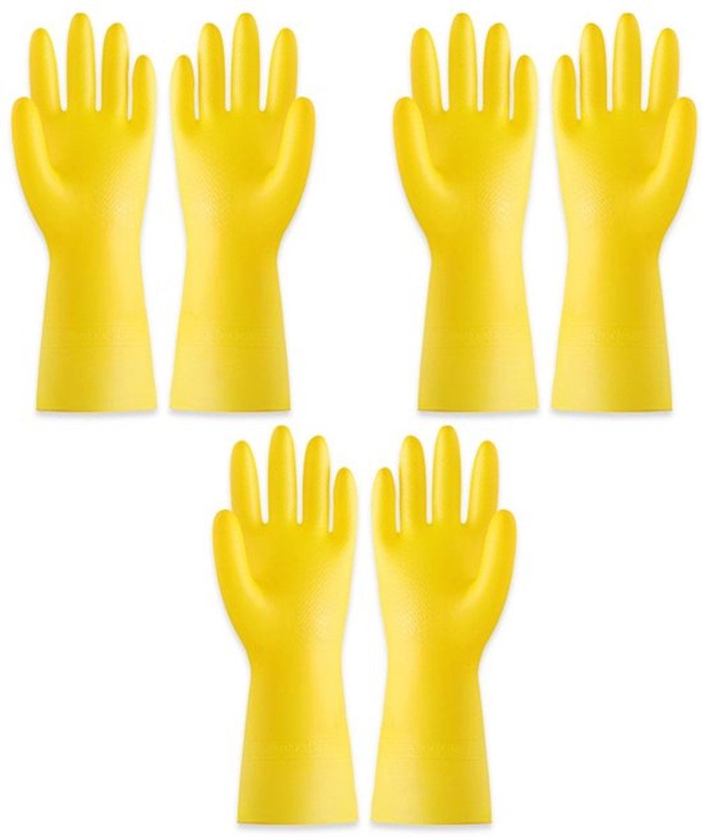 Yellow Rubber Cleaning Gloves 3 Pairs Size L, Waterproof Reusable with Non-Slip Granulated Palm, Soft Cotton Velvet Lining for Kitchen Bathroom and Car Washing - Image 1