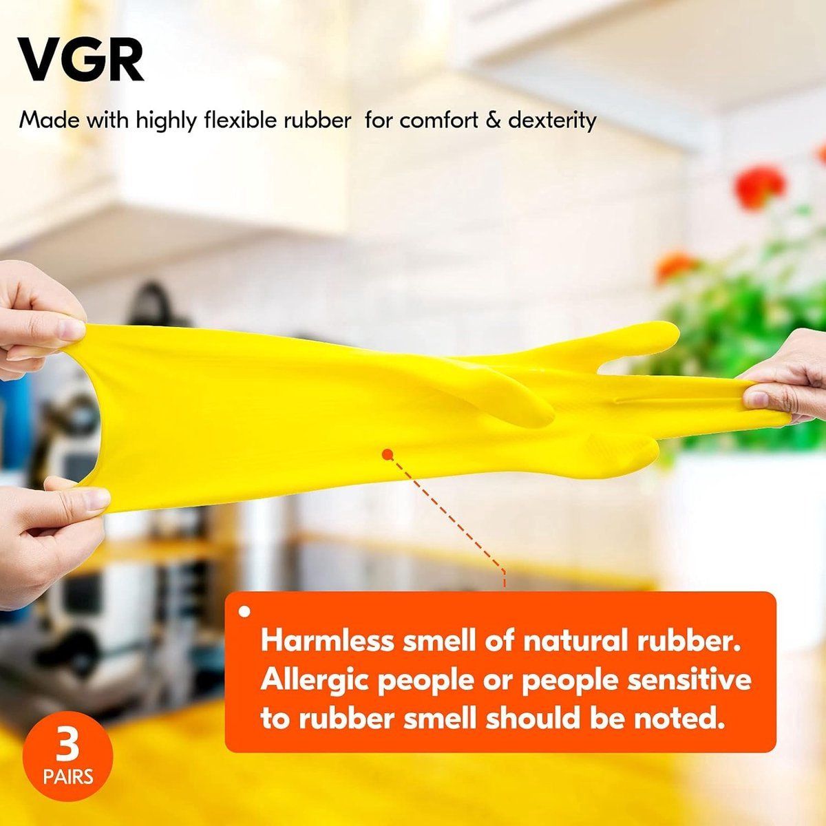 Yellow Rubber Cleaning Gloves 3 Pairs Size L, Waterproof Reusable with Non-Slip Granulated Palm, Soft Cotton Velvet Lining for Kitchen Bathroom and Car Washing - Image 2