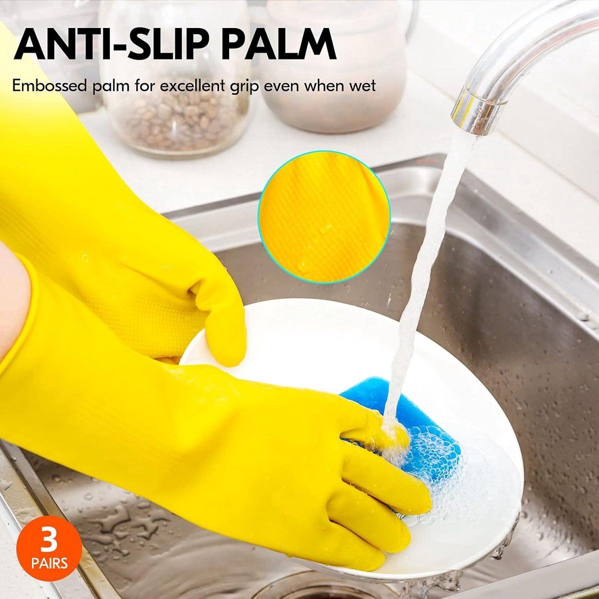 Yellow Rubber Cleaning Gloves 3 Pairs Size L, Waterproof Reusable with Non-Slip Granulated Palm, Soft Cotton Velvet Lining for Kitchen Bathroom and Car Washing - Image 4